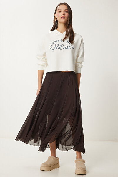 Lovelyİstanbul Υφαντή Midi Φούστα με Εφέ Ζαρωμένης Καφέ Lns0019