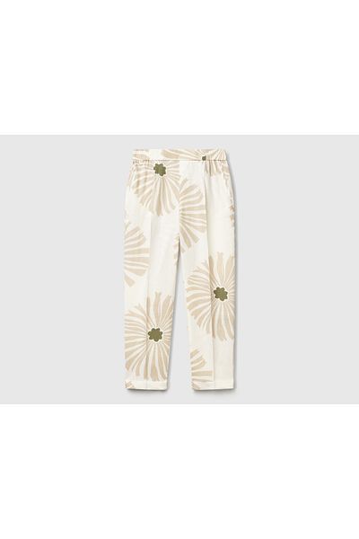 United Colors of Benetton Women's Cream 100% Linen Patterned Elastic Waist Trousers