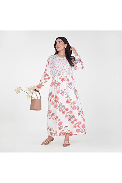 LINELLE Rayon White Floral Maxi Dress – Full Sleeves, Available In 3 Colors.