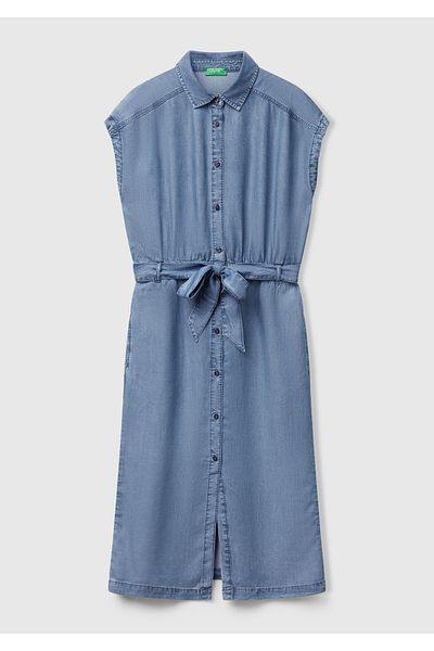 United Colors of Benetton Rochie midi albastru deschis pentru femei, 100% liyosel, cu guler polo, cu talie