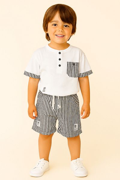 Bunika Baby White Navy Blue Striped Shorts and Tshirt Set