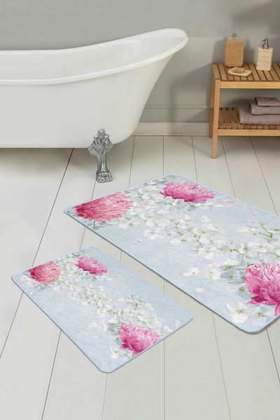 Realhomes Pink Hydrangea and White Flower Patterned 2-Piece Non-Slip Base Washable Bath Mat Set