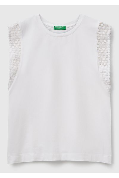 United Colors of Benetton Γυναικείο λευκό δαντελένιο λεπτομερές αμάνικο ελαστικό μπλουζάκι