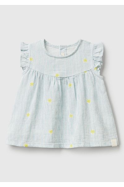 United Colors of Benetton Baby Dust Blue Patterned Buttoned Sleeve Ruffle Shirt