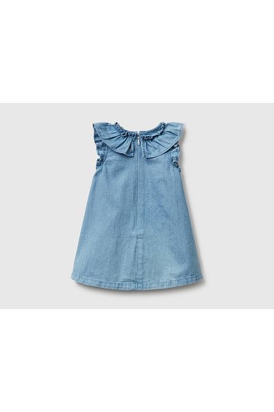 United Colors of Benetton Baby Denim Logo Label Detailed Ruffled Collar Pleated Denim Dress