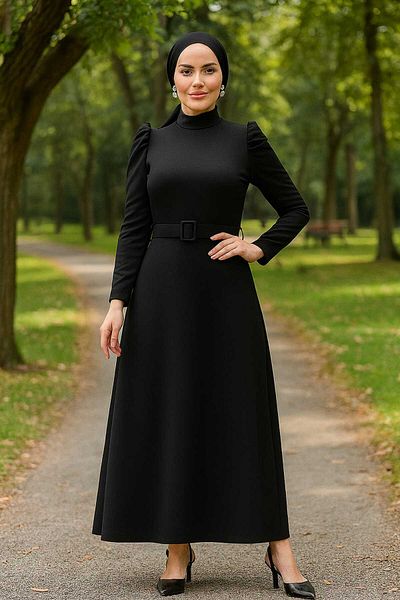 Neva Style - Rochie neagră hijab cu curea 554s