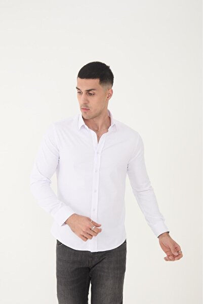 jack carisma ΛΕΥΚΟ- ελαστικό ύφασμα Βαμβακερό Φρέσκο ​​Ανδρικό Πουκάμισο εφαρμοστό