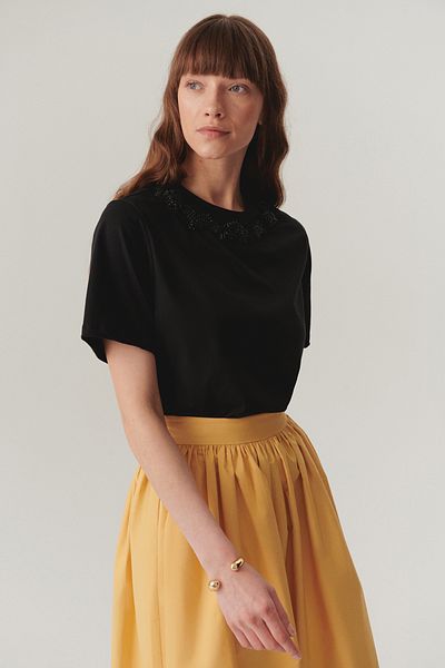 Exquise Tricou negru tricotat din bumbac obișnuit cu detaliu de procesare