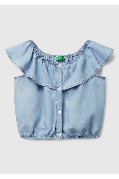 United Colors of Benetton Деним тениска без ръкави за момиче, 100% лиосел, с волани и еластична материя