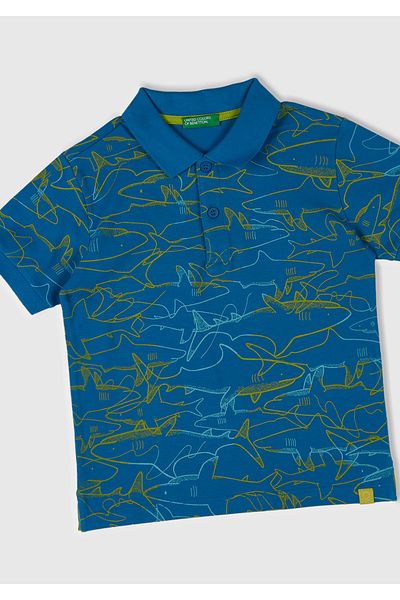 United Colors of Benetton Boy's Saks Blue Patterned Logo Label Polo T-Shirt