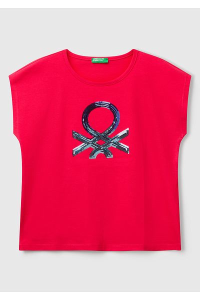 United Colors of Benetton Girl's Fuchsia Benetton Logo Printed T-Shirt
