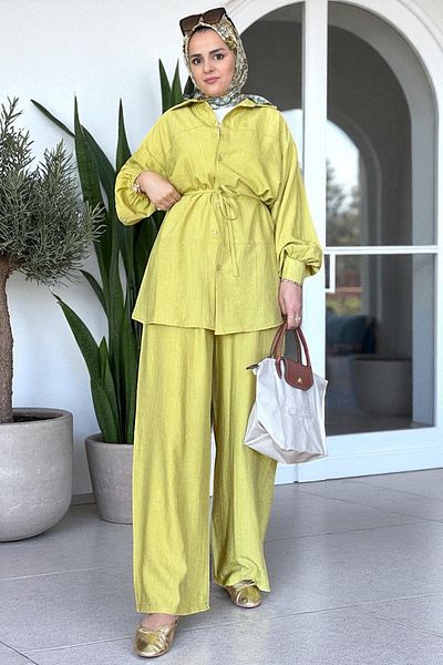 Aselim Hijap Moda Strawberry Linen Shirt Summer Suit – Comfortable Elegance with Pocket Trousers (Size 36-48) Oil Green