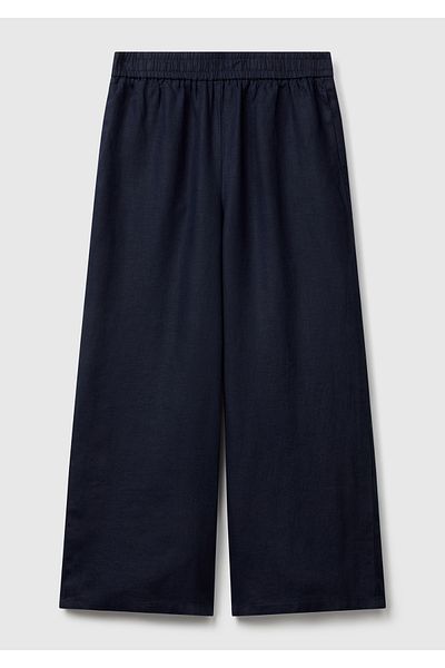 United Colors of Benetton Women's Navy Blue 100% Linen Loose Short Leg Trousers with Elastic Waist