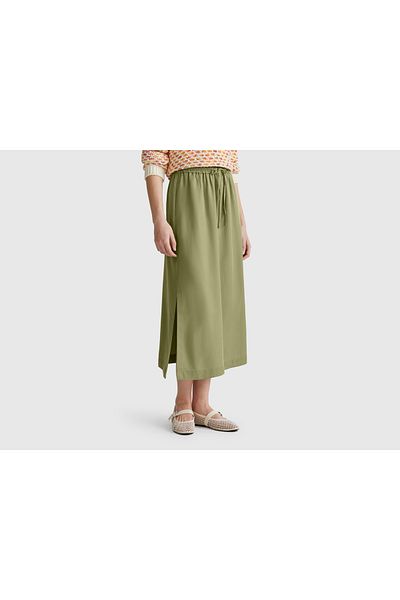 United Colors of Benetton Women's Sage Green 100% Lyocell Long Skirt with Elastic Waist and Pockets