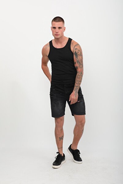 Bluewhite Men's Painted Ripped Jeans Shorts Black