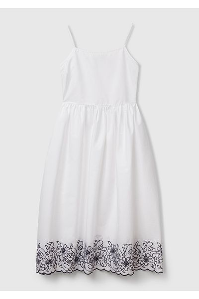 United Colors of Benetton Women's White 100% Cotton Strap Skirt Hem Embroidered Midi Length Dress