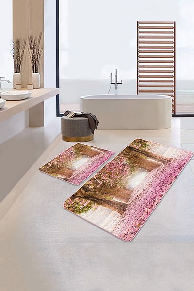 Realhomes Pink Floral Tree Patterned 2-Piece Bath Mat Set