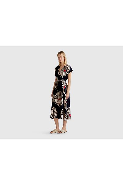 United Colors of Benetton Women's Navy Blue 100% Linen Patterned V-Neck Pocket Long Dress