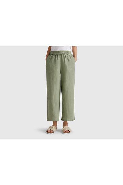 United Colors of Benetton Women's Sage Green 100% Linen Elastic Waist Loose Short Leg Trousers