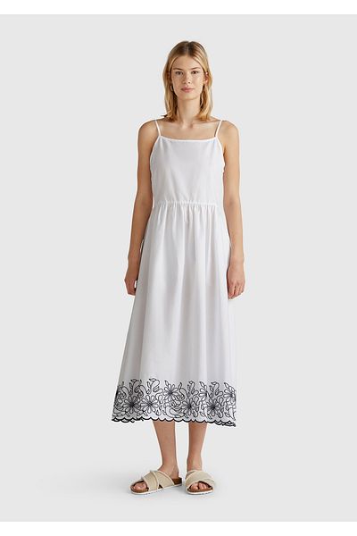 United Colors of Benetton Women's White 100% Cotton Strap Skirt Hem Embroidered Midi Length Dress