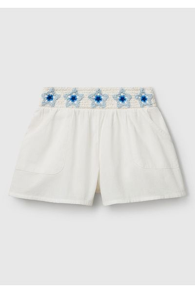 United Colors of Benetton Girl's White Waist Macrame Flower Appliqued Elastic Regular Fit Shorts
