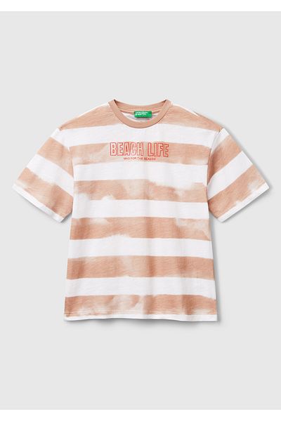 United Colors of Benetton Αγόρι σκούρο μπεζ μπλουζάκι με στάμπα με ριγέ λαιμόκοψη