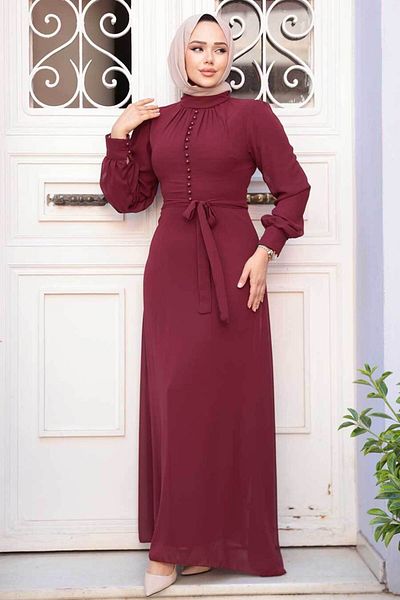 Neva Style Button Detailed Cherry Hijab Dress 2703Vsn