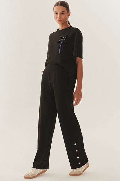 Exquise Button Detailed Relaxed Cut Black Knitted Trousers