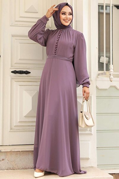 Neva Style Button Detailed Dusty Rose Hijab Dress 2703Gk