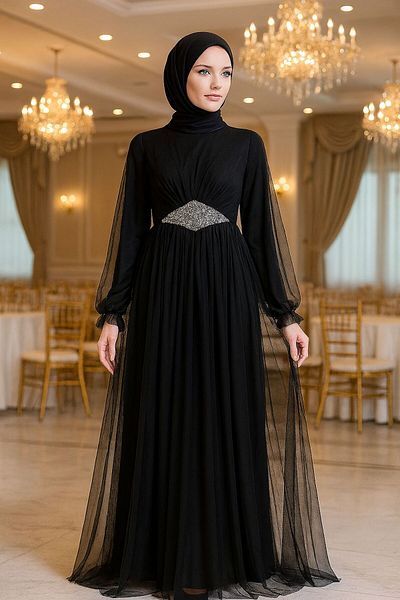 Neva Style Βραδινό φόρεμα Hijab μαύρο τούλι 54230s