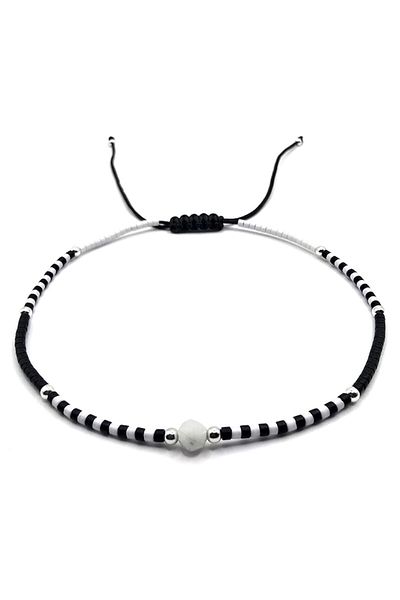 OEM Handmade Ankle Bracelet, 925 Silver, Adjustable, Miyuki Beads and Moonstone, Black/White