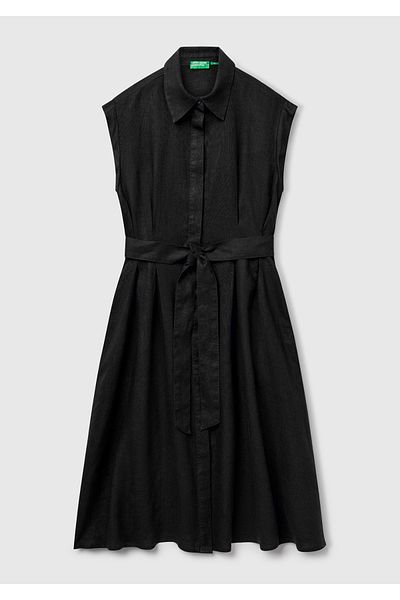 United Colors of Benetton Women's Black 100% Linen Pleated Detachable Belted Shirt Dress