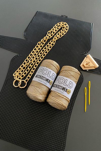 BD fold yarn Комплект за плетене на платнени чанти, златист цвят 45x21 - полиестерно макраме №3, комплект пластмасови платнени чанти - бляскава прежда