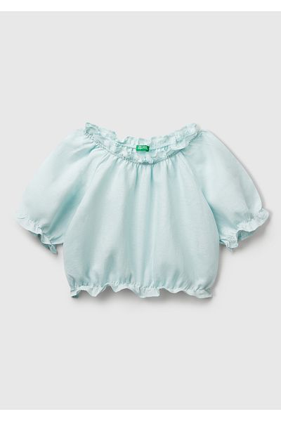 United Colors of Benetton Блуза с къс ръкав, набрана от лен, в аквамариново зелено