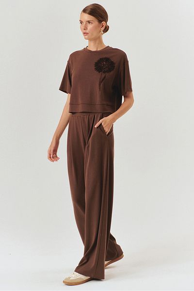 Exquise Elastic Waist High Waist Relaxed Fit Modal Blended Knitted Pants