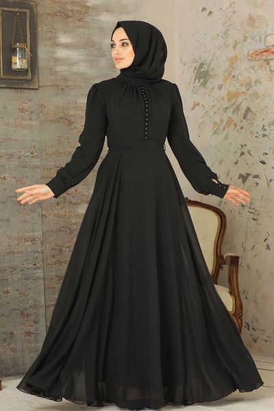 Neva Style Button Detailed Black Hijab Dress 2703S