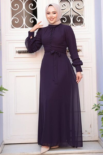 N.S NEVA STYLE Κουμπί Λεπτομερές Σκούρο Μωβ Φόρεμα Hijab 2703KMOR