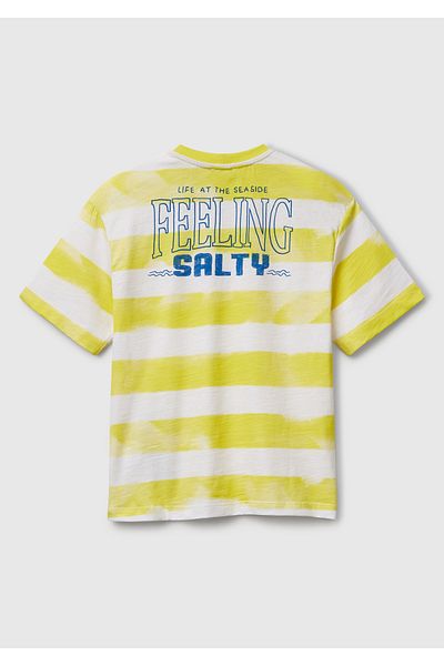 United Colors of Benetton Boy's Yellow Printed Brush Stroke Striped Crew Neck Oversize T-Shirt