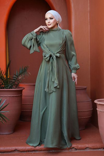 N.S NEVA STYLE Βραδινό φόρεμα Hijab Χακί με λεπτομέρεια δεμένης 52223HK