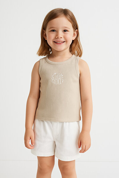 Motebarn Wear Devojčin Rebrasto majica bez rukava - Tkano kratke hlače Set go...
