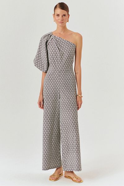 Exquise One Shoulder Balloon Sleeve Patterned Cotton Regular Jumpsuit