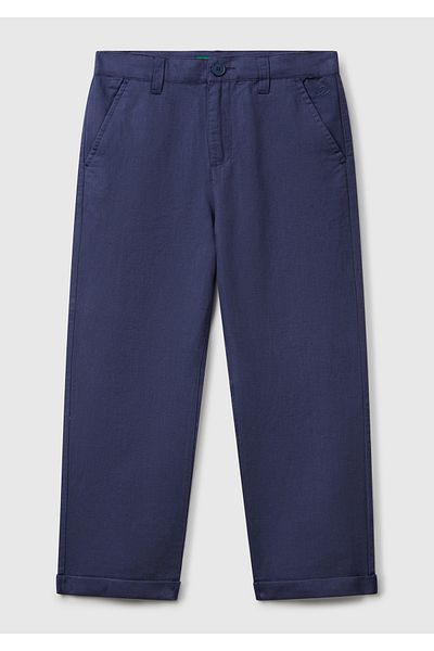 United Colors of Benetton Pantaloni pentru băiat, albastru bleumarin, amestecat de in, cu picioarele ondulate