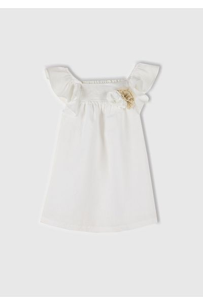 United Colors of Benetton Girls' White Linen Blend Floral Applique Strap Ruffle Pleated Dress
