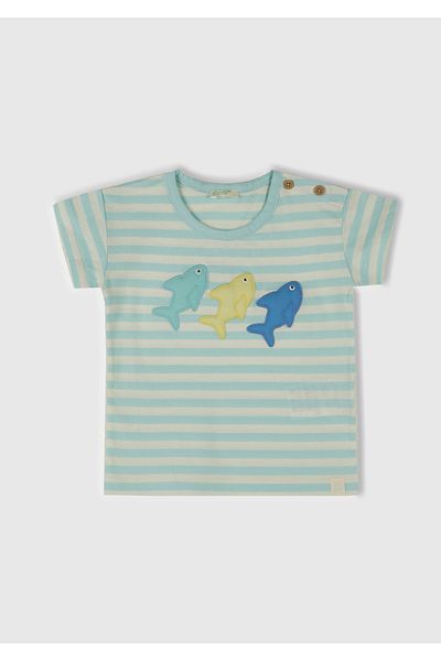 United Colors of Benetton Baby Dust Blue Striped Front Printed Shoulder Logo Button T-Shirt
