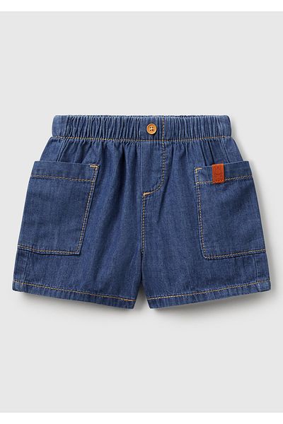 United Colors of Benetton Baby Dark Denim Elastic Waist Logo Buttoned Denim Shorts with Side Pockets