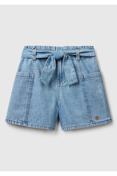 United Colors of Benetton Pantaloni scurți din denim pentru fete, cu curea din denim, cu talie, cu buzunare laterale, cu logo