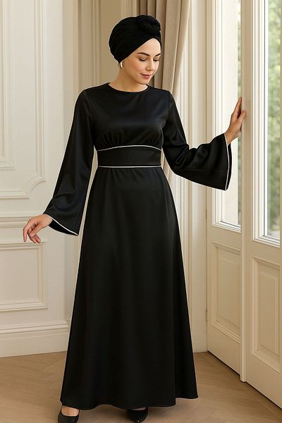N.S NEVA STYLE Βραδινό φόρεμα Satin Black Hijab 61592S