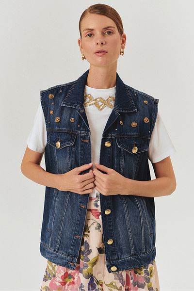 Exquise Stone Detailed Cotton Indigo Denim Vest