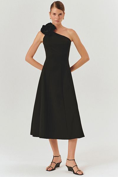 Exquise Black One Shoulder Floral Detailed A-Line Midi Dress