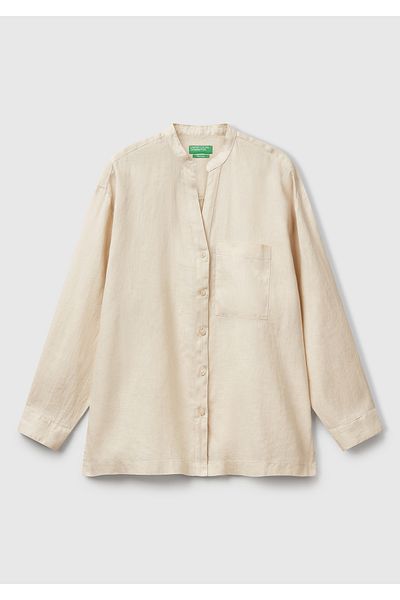 United Colors of Benetton Cămașă supradimensionată cu guler mandarin, 100% in, culoare piatră, cu buzunar în față stânga